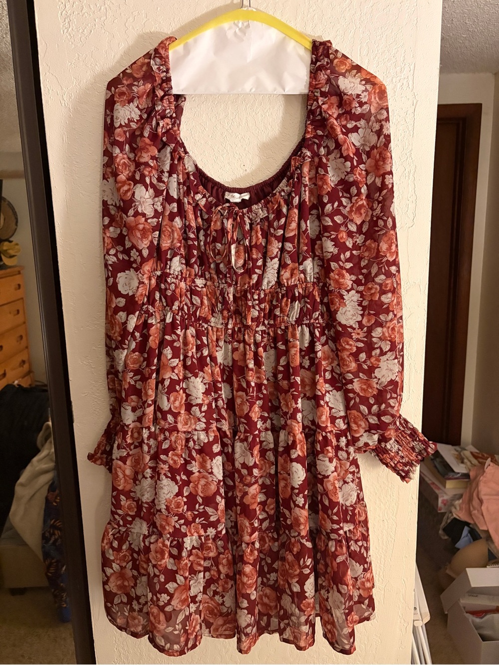 Floral Boho Peasant Dress in Burgundy
